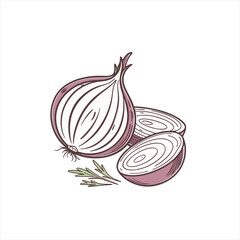 Hand drawn illustration of a red onion cut in half with slices and herbs