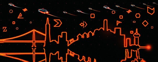 Futuristic cityscape with flying vehicles and neon outlines orange
