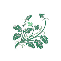 Elegant green floral design with swirling leaves and delicate vines