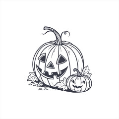 Two happy carved halloween pumpkins with leaves in a line drawing style