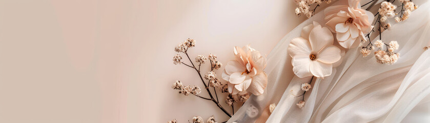 Soft pastel boho floral arrangement with dried flowers and sheer fabric on neutral background. Minimalist aesthetic with calm, natural vibes with copyspace.
