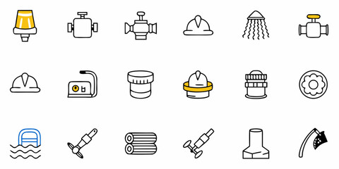 Collection of industrial and safety equipment icons including helmets valves and other related objects