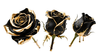 A luxurious arrangement of three  black roses 24k gold leaf isolated on white background