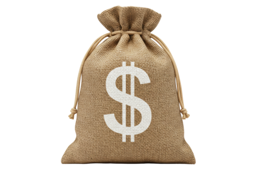Isolated burlap bag of money features a big dollar symbol on it, ready for the harvest