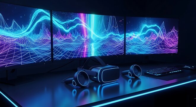 Gaming setup with triple monitors, vr headset, keyboard, and headphones - Powered by Adobe