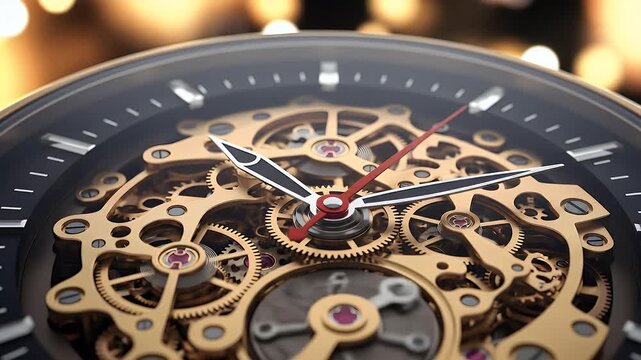 A detailed close-up of a luxury skeleton watch showcasing its intricate golden mechanism and gears.