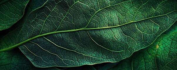 Closeup of a green dogwood leaf with intricate vein patterns and natural texture, captured in a forest setting. Abstract botanical background for nature, ecology, and environmental concepts.