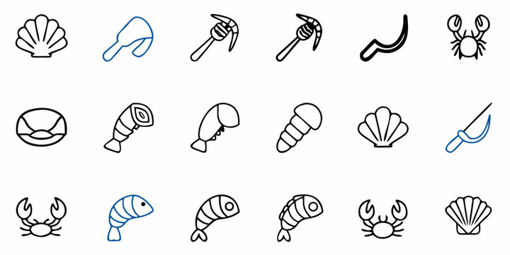 Various seafood icons including shellfish shrimp and crab arranged in a grid pattern style drawing