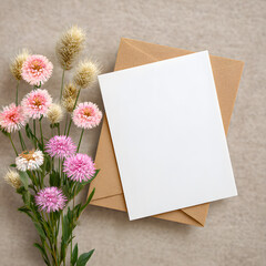 Blank white greeting card with kraft envelope placed on fabric background, decorated with fresh pink and beige flowers, perfect for invitations, messages, or seasonal greetings.
