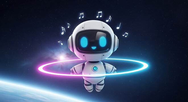 Cute robot floating in space with music notes and glowing rings