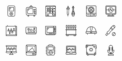 Fototapeta premium Illustration showing various electronic devices and laboratory equipment in a simple line drawing style
