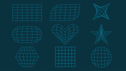 Basic Geometric Wireframe Shapes in Cyan on Dark Teal Background