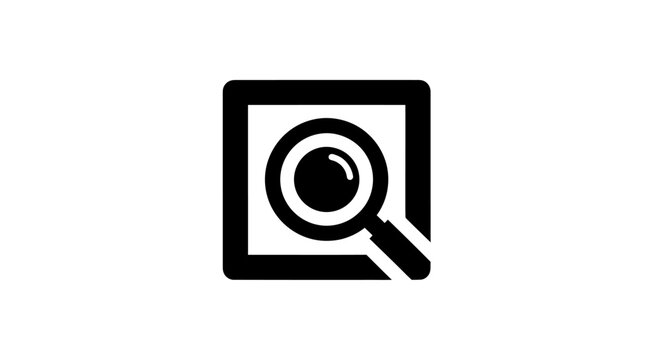 Magnifying glass icon inside a square frame for search and find.