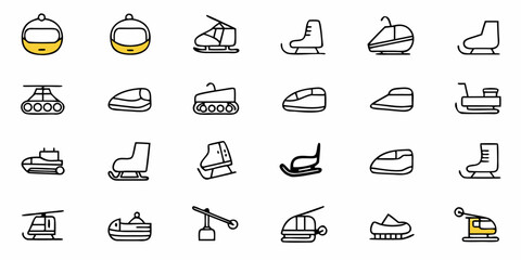 Illustration of a variety of winter transportation and recreation equipment in a cartoon style design