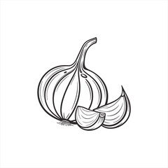 Black and white illustration of a whole garlic bulb with cloves