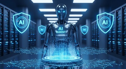 Futuristic ai agent robot standing in a server room with glowing shields