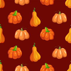 Pumpkin Seamless Pattern on a Brown Background. Autumn Harvest. Vector Fall Illustration.