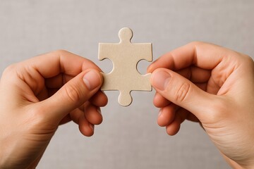 Hands holding a single puzzle piece against neutral background. concept of problem solving, puzzle completion, logical thinking, hand coordination, patience