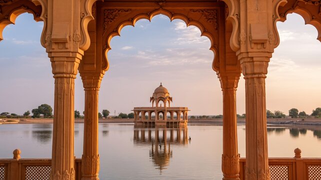 Discover beautiful Gadsisar Lake with arched gate in Jaisalmer Rajasthan India at sunrise for travel and cultural inspiration