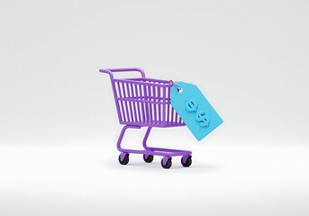 Purple Shopping Cart with Blue Price Tag Depicting Dollar Signs for Online Shopping and Retail Concepts on White Background