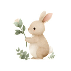 Obraz premium Adorable bunny illustration holding a delicate rose, perfect for nursery wall art, baby shower invitations, children’s room decor, or cute animal prints. 