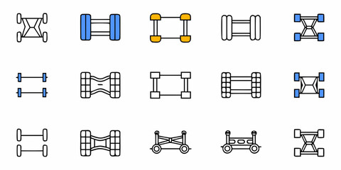 Illustration showing a variety of stylized vehicle chassis designs with different wheel configurations