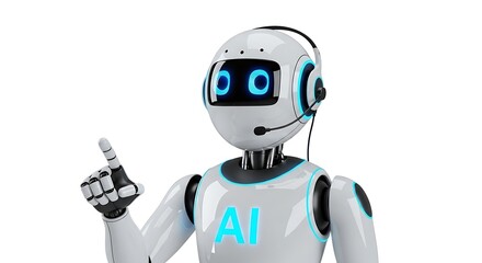 Naklejka premium White robot with ai logo and headset, pointing finger, isolated on white background