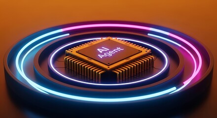 Central processing unit with ai agent text on a futuristic platform with neon lights