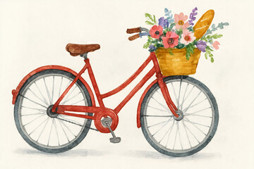 Fototapeta premium Watercolor illustration of a retro bicycle with a basket of colorful flowers on white background. concept of vintage transportation, floral decor, artistic style.
