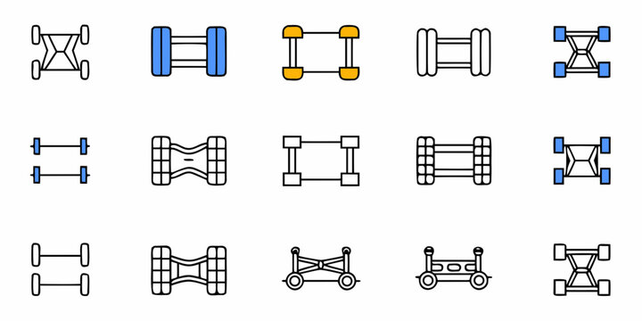 Illustration showing a variety of stylized vehicle chassis designs with different wheel configurations
