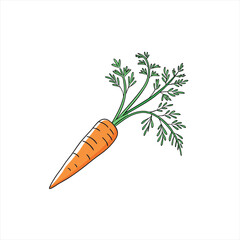 A single cartoon carrot with green leafy tops on a white background