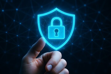 Digital Security Shield with Padlock Icon and Network Connections on a Dark Background, Representing Cyber Protection and Data Privacy
