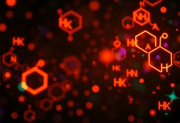 Abstract digital background featuring glowing chemical formula symbols, code, technology
