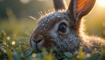 Close-up of a rabbit with water droplets on its fur, resting in dewy grass at sunrise, showcasing delicate details and soft lighting.
