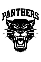 Black and white vector of a fierce panther mascot face with “Panthers” text above, bold and aggressive team logo
