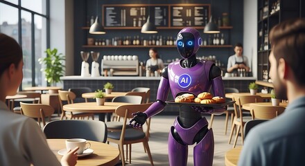 A futuristic purple robot barista serves pastries to customers in a modern cafe