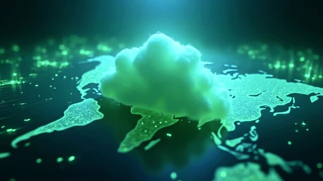 Digital representation of a glowing cloud over a world map, symbolizing data connectivity and technology