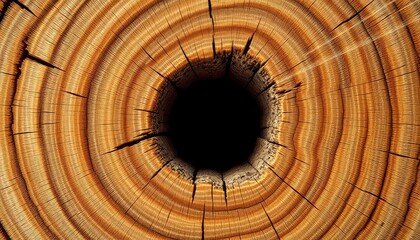 Revealing the passage of time through the concentric rings of a weathered tree trunk with a mysterious dark void center