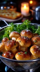 Gourmet mushrooms being prepared with fresh herbs and seasoning in a cozy kitchen setting during evening