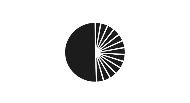 Abstract black and white circle with radial lines on one half creating a fan-like pattern.