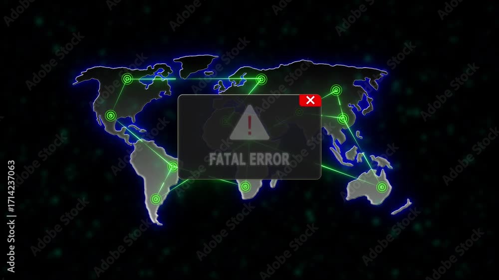 Poster fatal error alert message attack on world map. radio waves network seamless loop motion background. 