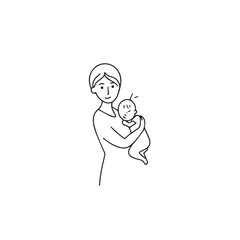 Black and white line art of a beautiful mother lovingly embracing her baby minimalist tender illustration