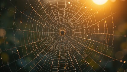 Fototapeta premium A detailed close-up of a spiderweb, adorned with glistening water droplets, set against a dark, out-of-focus background.