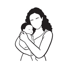 Black and white line art of a beautiful mother lovingly embracing her baby minimalist tender illustration