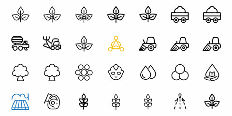 Illustration of agriculture related icons including plants, farming vehicles, and water management tools