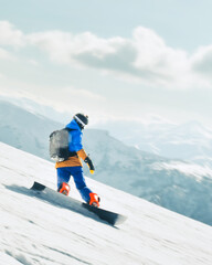 Male Snowboarder wear colorful jacket carving downhill freeriding off piste turn carve full speed...