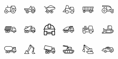 Fototapeta premium Collection of construction vehicles and farm equipment icons in a simple line drawing style illustration