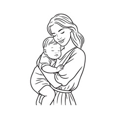 Black and white line art of a beautiful mother lovingly embracing her baby minimalist tender illustration