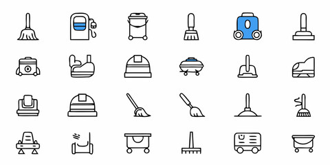 Illustration of various cleaning tools and equipment arranged in a grid like pattern on a white background