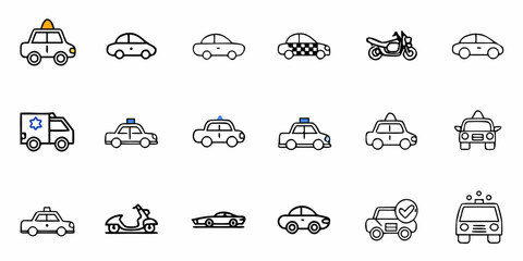 Obraz premium Collection of various vehicle icons including cars ambulances taxis and motorcycles in outline style design